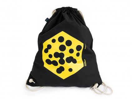 Black backpack with yellow print