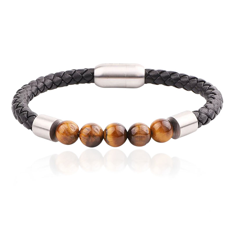 E-shop Sam's Artisans Korálkový náramok Tiger Eye & Leather INRM225