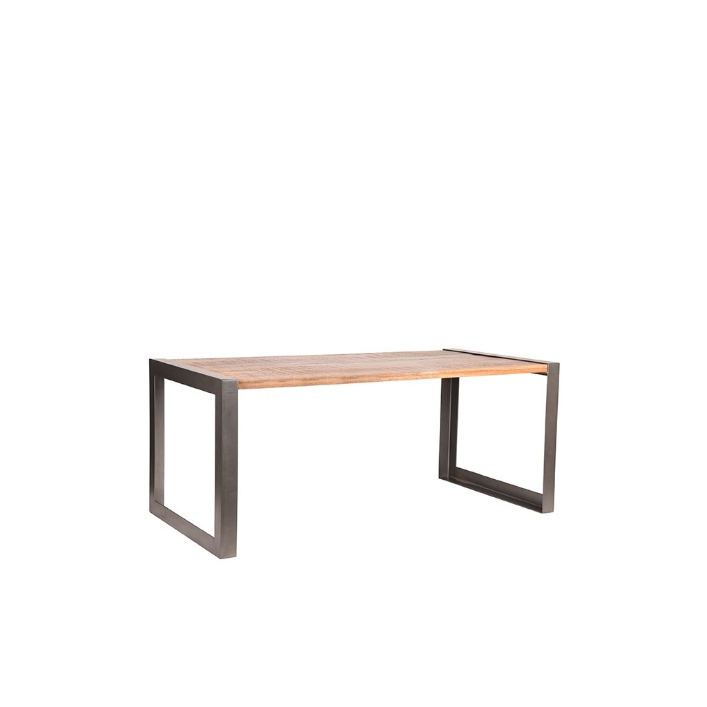 eettafel factory rough mangohout vintage metaal 180x90 cm perspectief