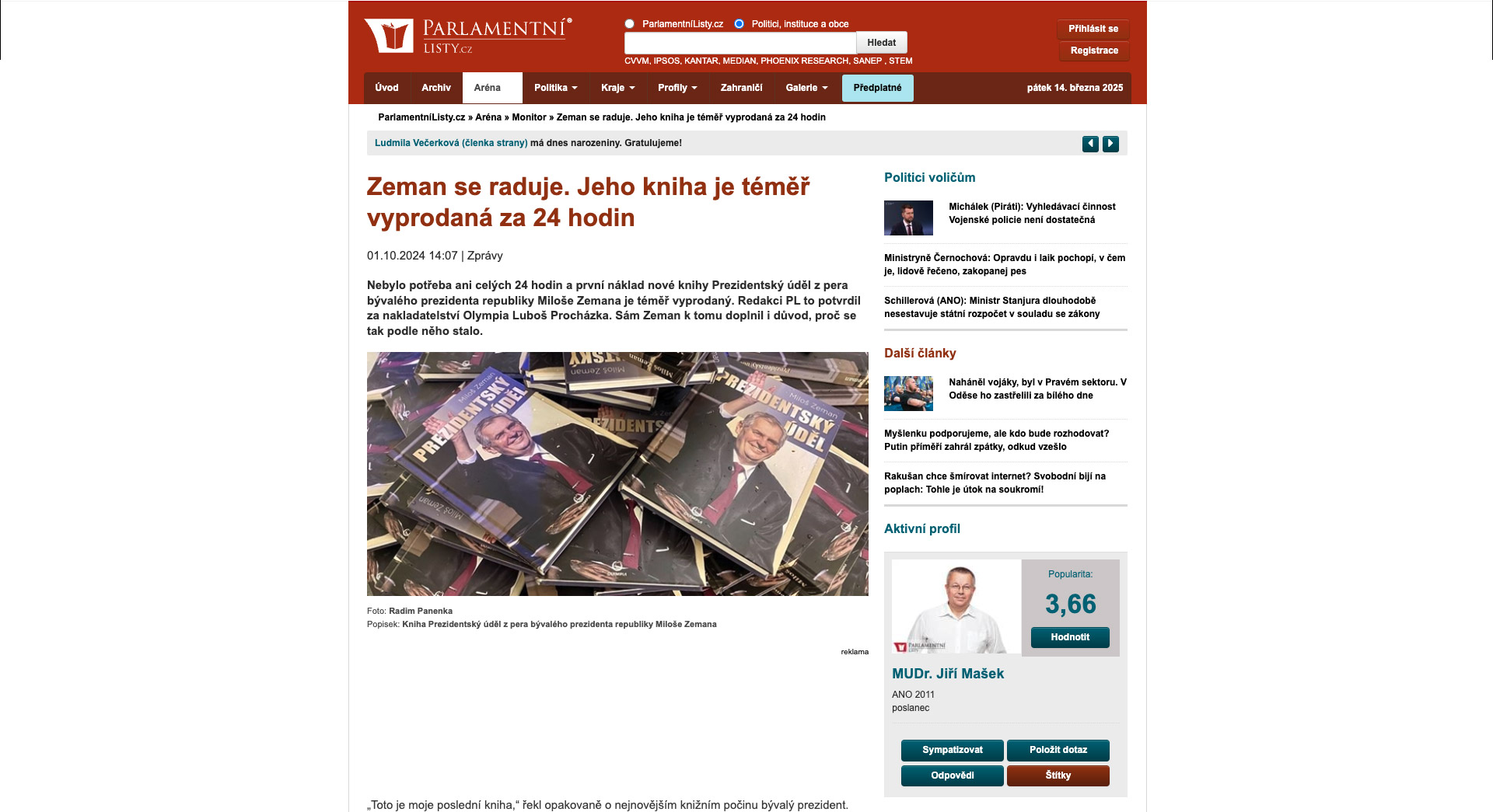 PL: Zeman se raduje. Jeho kniha je téměř vyprodaná za 24 hodin