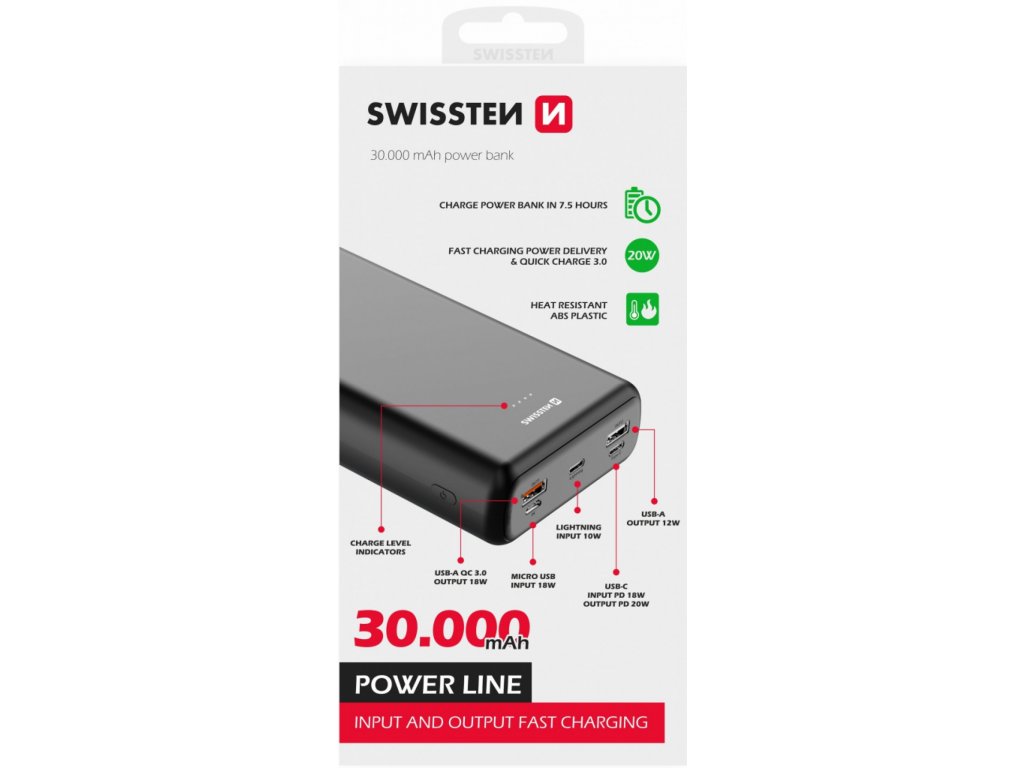 Swissten Power Line 30000 mAh 20W Power Delivery černá