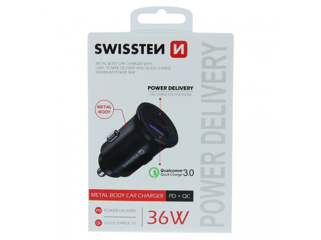SWISSTEN CL ADAPTÉR POWER DELIVERY USB C + QUICK CHARGE 3.0 36W METAL ČERNÝ