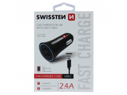 Swissten CL adaptér 2,4A power 2x USB + kabel USB C