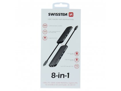 Swissten USB CHUB 8 IN1 (USB C PD,HDMI 4K, LAN RJ45, 3x USB 3.0, SD, MICRO SD) ALUMINIUM