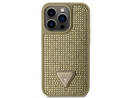 Guess Rhinestones Triangle Metal Logo Kryt pro iPhone 15 Pro Gold