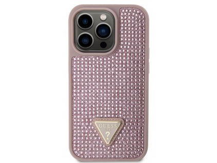 Guess Rhinestones Triangle Metal Logo Kryt pro iPhone 15 Pro Pink