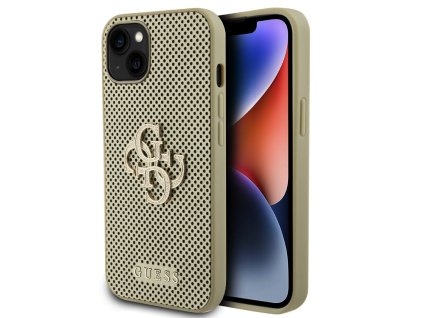 Guess PU Perforated 4G Glitter Metal Logo Zadní Kryt pro iPhone 15 Gold