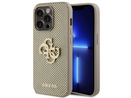 Guess PU Perforated 4G Glitter Metal Logo Zadní Kryt pro iPhone 15 Pro Gold
