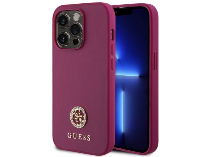 Guess PU 4G Strass Metal Logo Zadní Kryt pro iPhone 15 Pro Pink