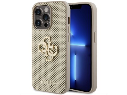 Guess PU Perforated 4G Glitter Metal Logo Zadní Kryt pro iPhone 15 Pro Max Gold