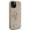 Guess PU Fixed Glitter 4G Metal Logo Zadní Kryt pro iPhone 15 Gold1