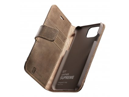 Prémiové kožené pouzdro typu kniha CellularLine Supreme pro Apple iPhone 12 mini, hnědé