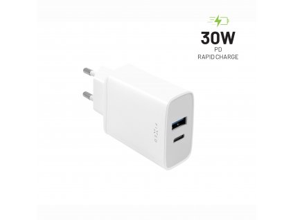 Síťová nabíječka FIXED s USB-C a USB výstupem, podpora PD, 30W, bílá