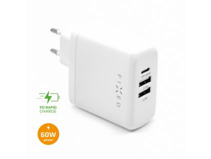 Síťová nabíječka FIXED s USB-C a 2xUSB výstupem, podpora PD, 60W, bílá