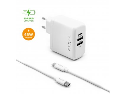 Nabíjacia súprava FIXED s výstupom USB-C a 2xUSB a káblom USB-C/USB-C, podpora PD, 45 W, biela