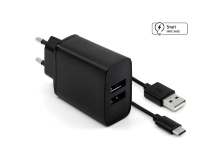 Set síťové nabíječky FIXED s 2xUSB výstupem a USB/USB-C kabelu, 1 metr, 15W Smart Rapid Charge, černá