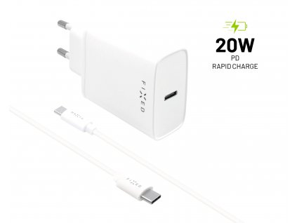 Set síťové nabíječky FIXED s USB-C výstupem a USB-C/USB-C kabelu, podpora PD, 1 metr, 20W, bílý