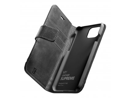 Prémiové kožené pouzdro typu kniha CellularLine Supreme pro Apple iPhone 13 Pro Max, černé