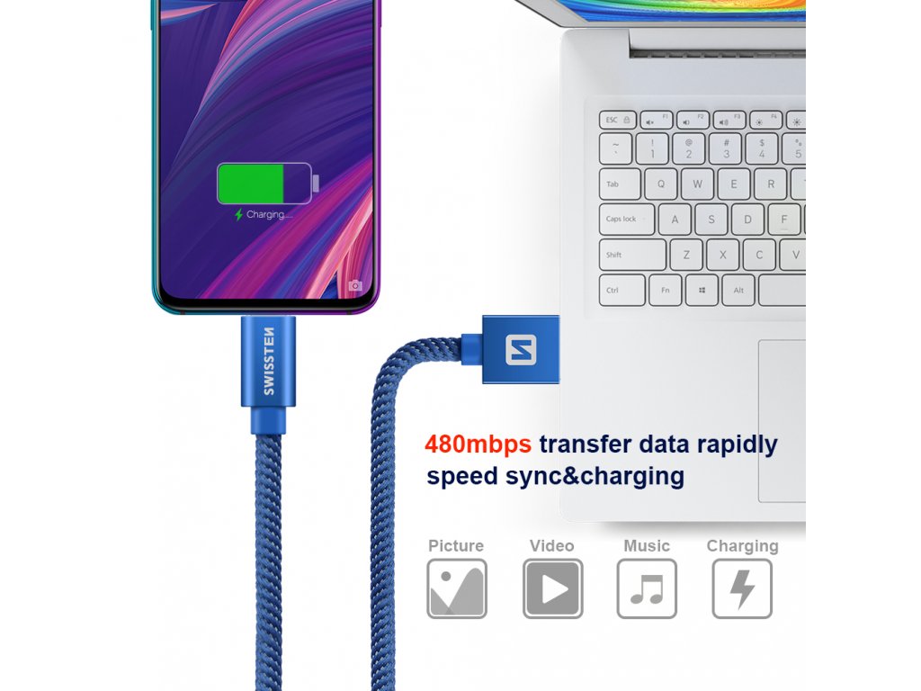 Nabíjecí a datový kabel - Swissten Textile - 1.2m - USB/USB-C - Modrý