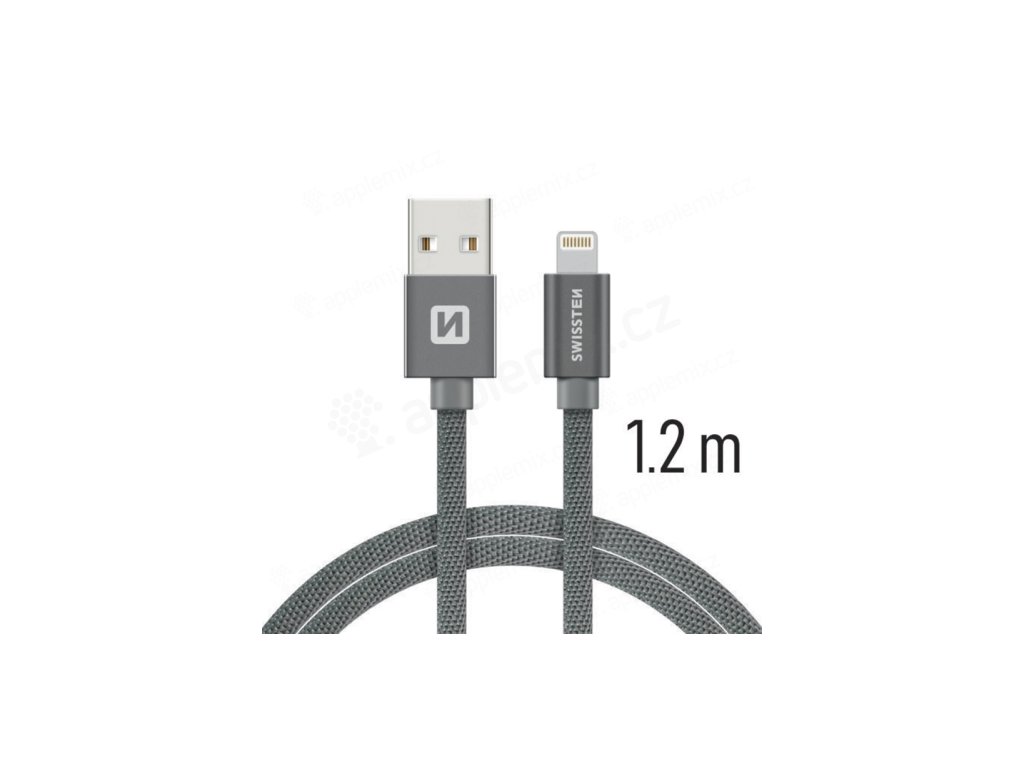 Nabíjecí a datový kabel - Swissten Textile - USB / Lightning - MFi - 1,2m -  Šedý