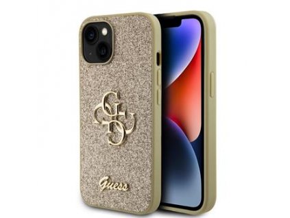 GUESS PU Fixed Glitter 4G Metal Logo Zadní Kryt pro iPhone 15 Gold