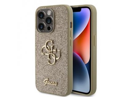 GUESS PU Fixed Glitter 4G Metal Logo Zadní Kryt pro iPhone 15 Pro Gold