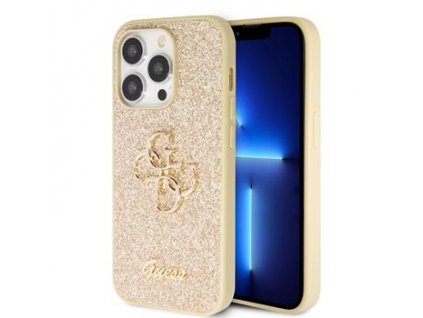 GUESS PU Fixed Glitter 4G Metal Logo Zadní Kryt pro iPhone 15 Pro Max Gold