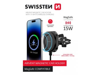 MAGNETICKÝ DRŽÁK DO VENTILACE AUTA SWISSTEN MAGSTICK COMPACT S BEZDRÁTOVÝM NABÍJENÍM 15W/7,5W (kompatibilní s MagSafe)