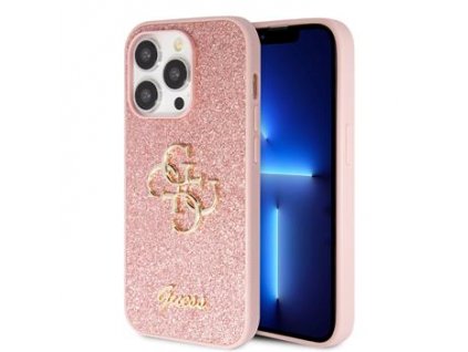 GUESS PU Fixed Glitter 4G Metal Logo Zadní Kryt pro iPhone 15 Pro Pink