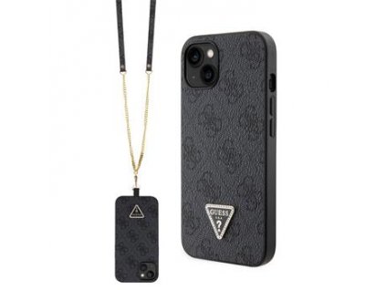 GUESS PU 4G Strass Triangle Metal Logo Zadní Kryt + Crossbody Popruh pro iPhone 15 Black