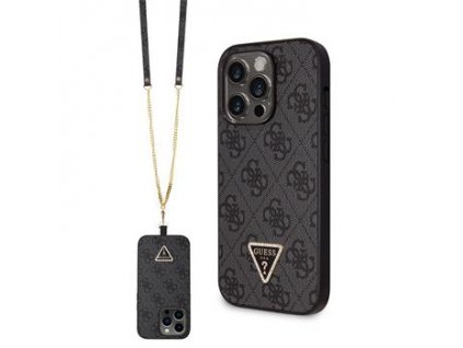 GUESS PU 4G Strass Triangle Metal Logo Zadní Kryt + Crossbody Popruh pro iPhone 15 Pro Max Black