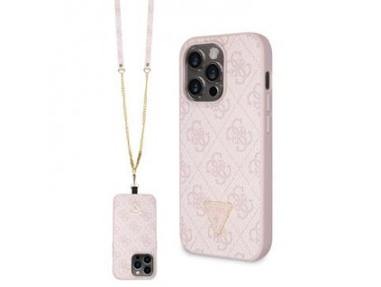 GUESS PU 4G Strass Triangle Metal Logo Zadní Kryt + Crossbody Popruh pro iPhone 15 Pro Pink