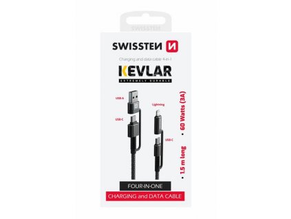 Rychlonabíjecí a datový kabel - Swissten Kevlar 4in1 - 1,5m - Černá