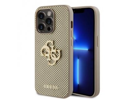 GUESS PU Perforated 4G Glitter Metal Logo Zadní Kryt pro iPhone 15 Pro Gold