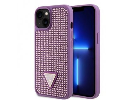 GUESS Rhinestones Triangle Metal Logo Kryt pro iPhone 15 Plus Purple