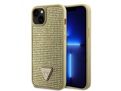 GUESS Rhinestones Triangle Metal Logo Kryt pro iPhone 15 Gold