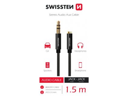 Audio kabel - Swissten Textile - Jack 3,5mm (samec)/Jack 3,5mm (samice) - 1,5m - Černá