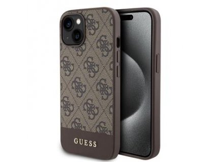 GUESS PU 4G Stripe MagSafe Zadní Kryt pro iPhone 15 Brown