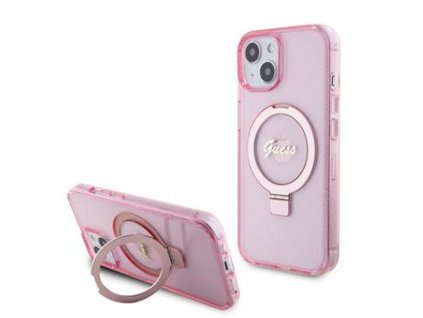 GUESS IML Ring Stand Glitter MagSafe Zadní Kryt pro iPhone 15 Pink