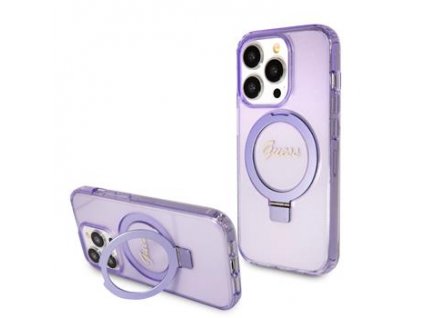 GUESS IML Ring Stand Glitter MagSafe Zadní Kryt pro iPhone 15 Pro Purple