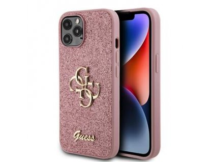 Guess PU Fixed Glitter 4G Metal Logo Zadní Kryt pro iPhone 12/12 Pro Pink