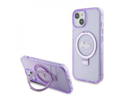 GUESS IML Ring Stand Glitter MagSafe Zadní Kryt pro iPhone 15 Purple