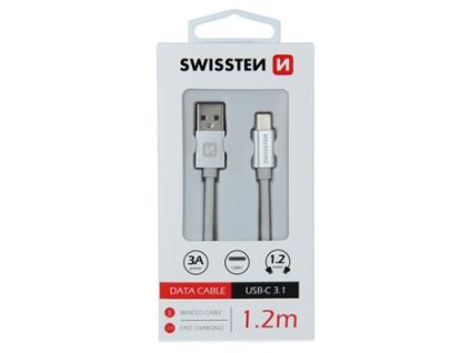 Nabíjecí a datový kabel - Swissten Textile - USB-A/USB-C - 1,2m - Stříbrná