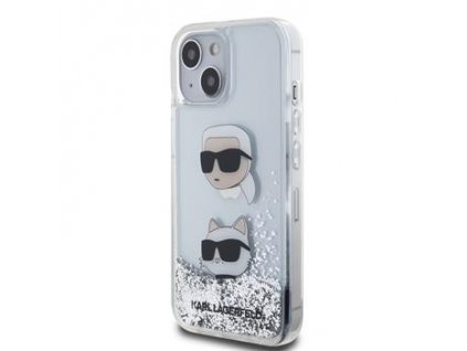 Karl Lagerfeld Liquid Glitter Karl and Choupette Head Zadní Kryt pro iPhone 15 Silver