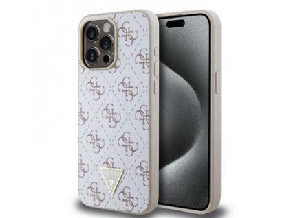 Guess PU Leather 4G Triangle Metal Logo Zadní Kryt pro iPhone 15 Pro Max White