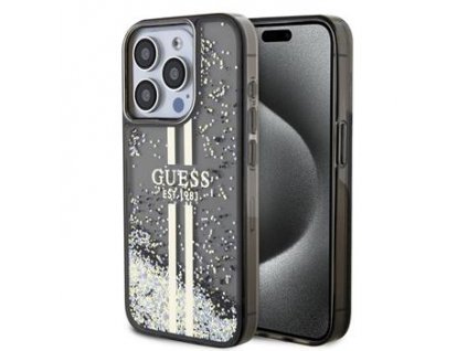 Guess PC/TPU Liquid Glitter Gold Stripe Zadní Kryt pro iPhone 15 Pro Black