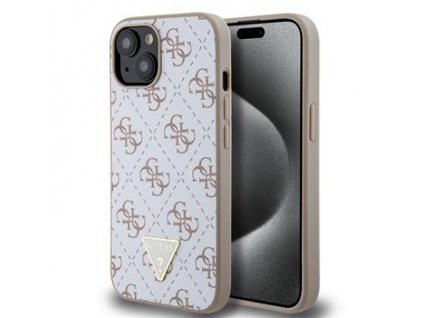 Guess PU Leather 4G Triangle Metal Logo Zadní Kryt pro iPhone 15 White