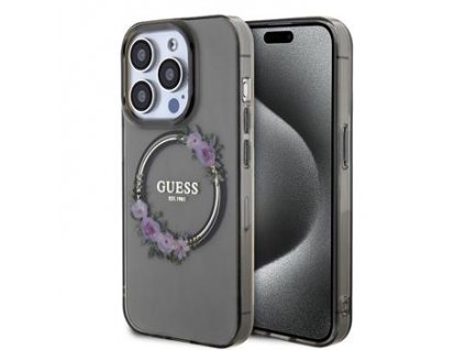 Guess PC/TPU Flowers Ring Glossy Logo MagSafe Zadní Kryt pro iPhone 15 Pro Black