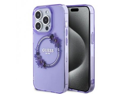 Guess PC/TPU Flowers Ring Glossy Logo MagSafe Zadní Kryt pro iPhone 15 Pro Max Purple