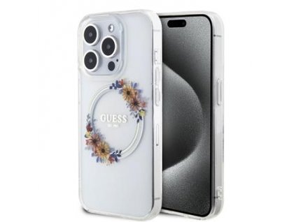 Guess PC/TPU Flowers Ring Glossy Logo MagSafe Zadní Kryt pro iPhone 13 Pro Max Transparent